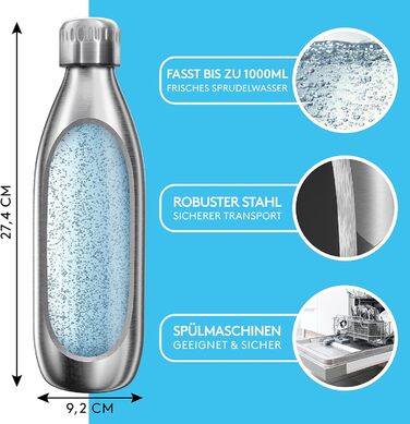 Преміальна пляшка з нержавіючої сталі 1 л дуже велика сумісна з SodaStream Duo - Безпечна для вуглекислого газу - Можна мити в посудомийній машині - Пляшка для пиття з нержавіючої сталі