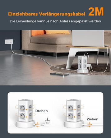 Розетка TESSAN на кілька штепсельних розеток з USB, розетка на 8 відділень з висувним подовжувачем, розетка на кілька штепсельних