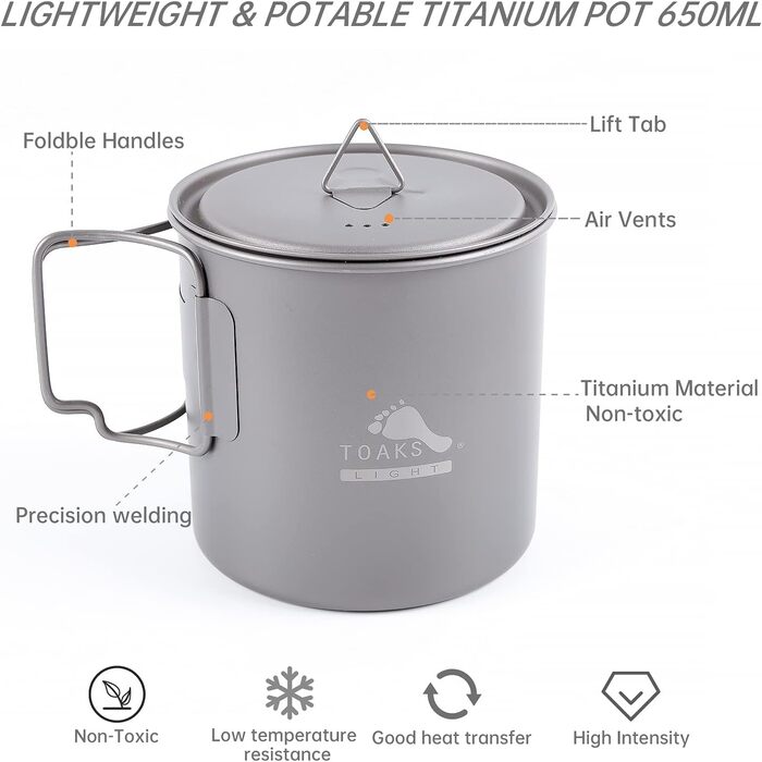 Титановий горщик TOAKS 750 мл, кемпінговий кухоль, чашка для кемпінгу, туристичний посуд 650 мл