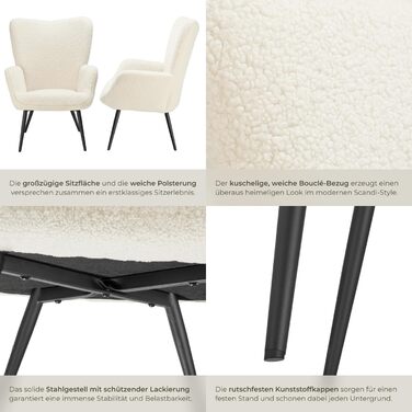 Крісло tectake у скандинавському стилі з крилами, крісло Teddy Hygge, крісло з букле для вітальні, спальні, вишукане крісло-гостина, вантажопідйомність до 150 кг без підставки для ніг, букле кремовий/чорний