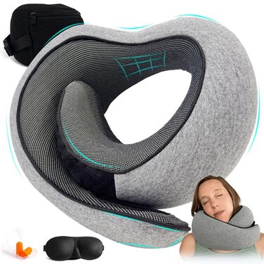 Дорожня подушка Dreamjoys для літаків, подушка для шиї для подорожей, дорожня подушка, подушка для літака, дорожня подушка з піни з ефектом пам&39яті, подушка для сну для літаків, ідеально підходить для подорожей автомобілем або поїздом, світло-сіра - 1.0