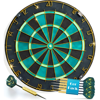 Професійна сизалева мішень для дротиків, бірюзового кольору із золотим кільцем з номером та стрілками - Професійна сталева мішень для дротиків - Мішень для дротиків з 6 металевими наконечниками, золотими стволами для дротиків та держаками