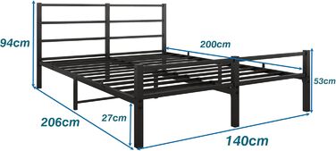 Металеве ліжко 140x200 см з каркасом ліжка з узголів&39ям та узніжжям, ліжко для дорослих, гостьове ліжко, двоспальне ліжко, чорне 140 x 200 см