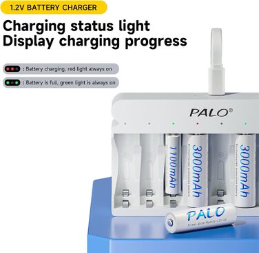 Акумуляторні батарейки типу АА із зарядним пристроєм, 8 слотів, портативна швидка зарядка USB 5V/2A для нікель-металгідридних батарей 1.2V, незалежна зарядка, 12 акумуляторних батарейок типу АА із зарядним пристроєм