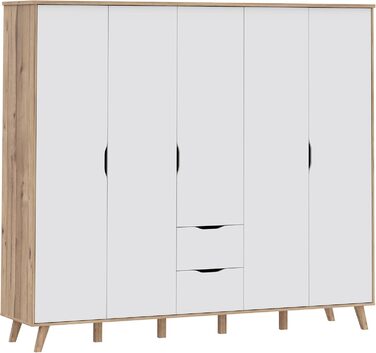 Гардероб Forte VANKKA 230, шафа в скандинавському стилі з 5 дверима на петлях та 2 шухлядами, витончені меблеві ніжки, інженерна деревина, декор дубовими дошками Білий, 228,8 см завширшки x 201,5 см заввишки x 52,7 см завглибшки. Біло-дубова 5-дверна шафа