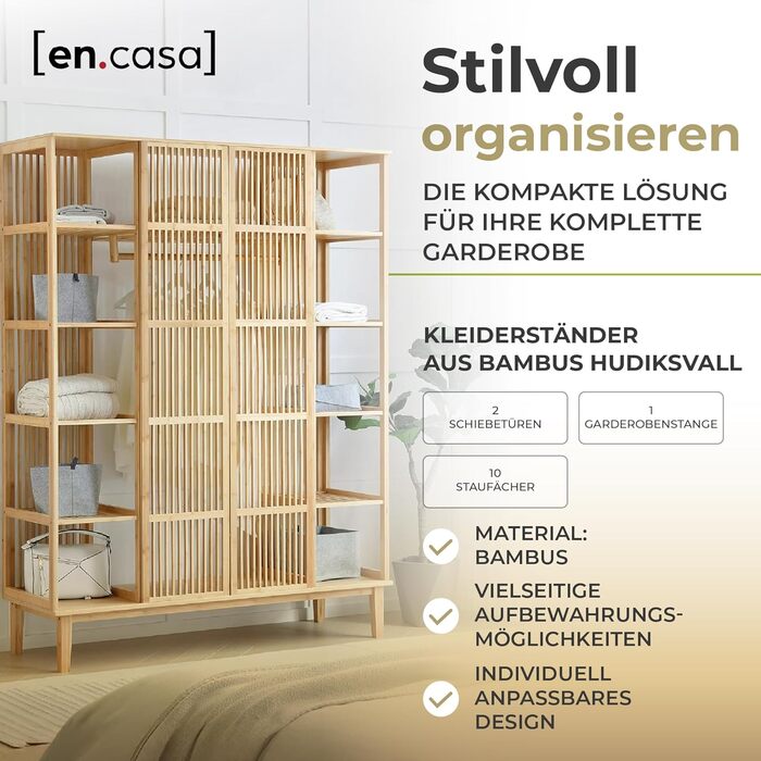 Вішалка для одягу Hudiksvall з рейкою для одягу, 2 двері, підставка для шафи, полиця для взуття, стояча шафа, 185 x 140 x 45 см, бамбукова шафа
