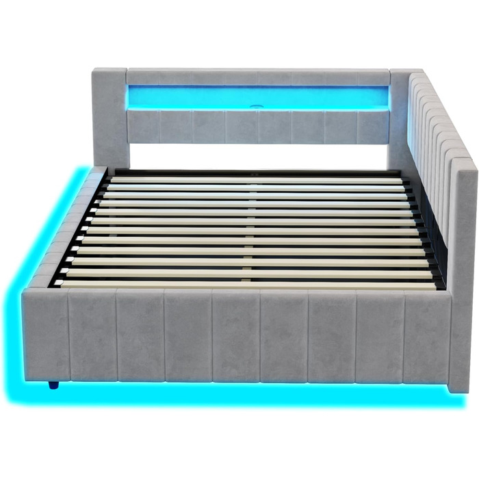 М&39яке ліжко/диван-ліжко 140x200, двоспальне ліжко з гідравлічним відділенням для зберігання, світлодіодним підсвічуванням та функцією заряджання через USB, кушетка/дитяче ліжко з рейковим каркасом, оксамитова тканина, без матраца, світло-сірий 140x200 с