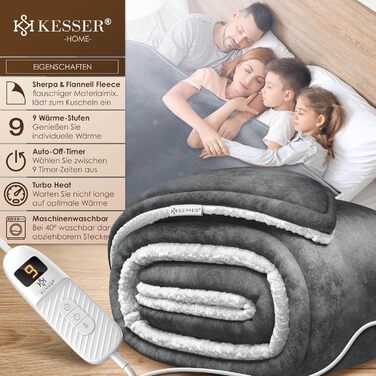 Електрична ковдра з підігрівом KESSER з автоматичним вимкненням 200x180 см, двостороння Затишна ковдра для ліжка, дивана 9 температурних режимів Можна прати до 40C з таймером та цифровим дисплеєм Антрацит