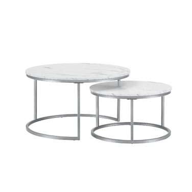 Круглий журнальний столик з мармуру Hitsuki, білий столик для вітальні, комплект із 2 круглих журнальних столиків, срібний бічний столик з металевим каркасом, столик для вітальні, білий мармур та срібний журнальний столик
