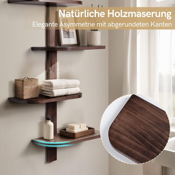 Настінна полиця Afily Vintage Wooden Wall Shelf, 4 рівні вертикальна плаваюча полиця коричневого кольору із закругленими кутами, компактна підвісна полиця з масиву дерева, настінний декор для ванної кімнати, кухні, вітальні