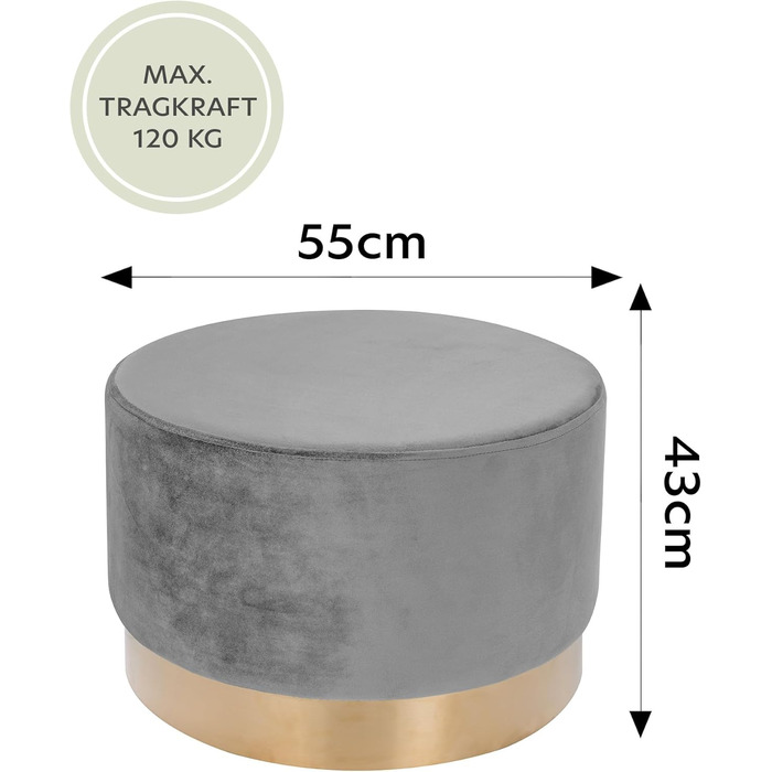 Оксамитовий пуф/туалетний стілець різних розмірів і кольорів із золотою обробкою для вітальні, спальні або гардеробної, великий круглий, колір сірий 300 сірий