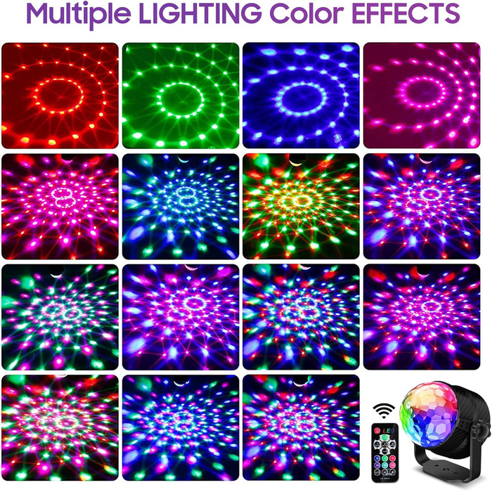 Диско-куля, диско-світло, що обертається на 360°, світлодіодна лампа для вечірки з музичною активацією, диско-світло з пультом дистанційного керування, динамічні світлові ефекти RGB потужністю 3 Вт, USB-кабель 4 м / 13 футів для вечірок, дому, Різдва, діт