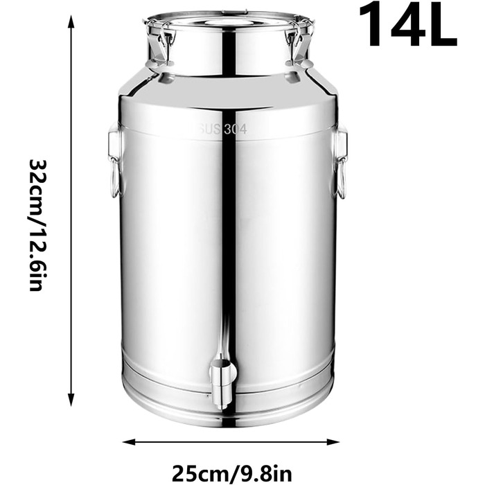 Контейнер для зберігання з нержавіючої сталі з краном, бак з харчової нержавіючої сталі, товстостінний, герметичний контейнер для олії, вина, молока, води, з краном та кришкою, стійкий до іржі та легко миється, 14 літрів