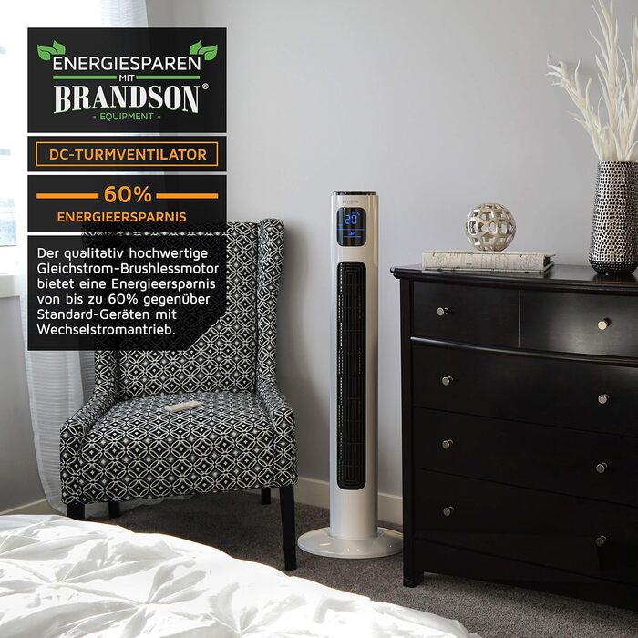 Баштовий вентилятор ECO Безшумний з двигуном постійного струму - лауреат премії 2024-12 швидкостей - вентилятор на п'єдесталі - та