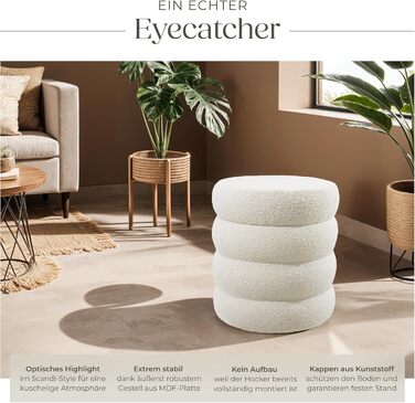 Табурет tectake для зберігання речей, пуф у скандинавському стилі з тканини букле teddy, круглий м&39який табурет для туалетного столика, меблі для вітальні, меблі для коридору, табурет для зберігання речей, Ø 42 x 47 см - букле кремово-білий 42Г x 42Ш x 
