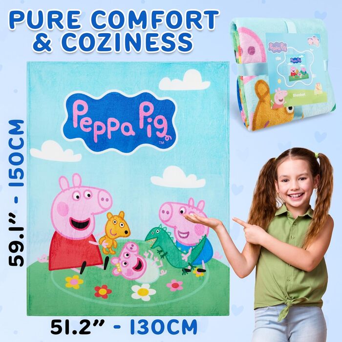 Дитяча ковдра Get Trend Peppa Pig 130x150 см, пухнаста флісова ковдра з мотивом, м&39яка ковдра для дивана та ліжка, подарунок для дівчаток та хлопчиків (різнокольоровий колір Peppa Pig)