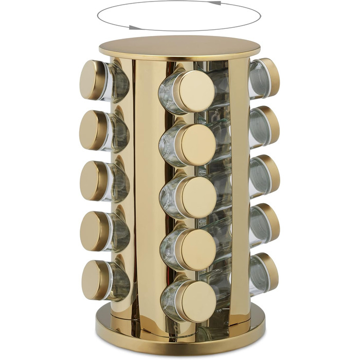 Підставка для спецій Relaxdays з 20 баночками для спецій, зі вставкою-шейкером, поворотна на 360, карусель для спецій, нержавіюча сталь, золотий/прозорий