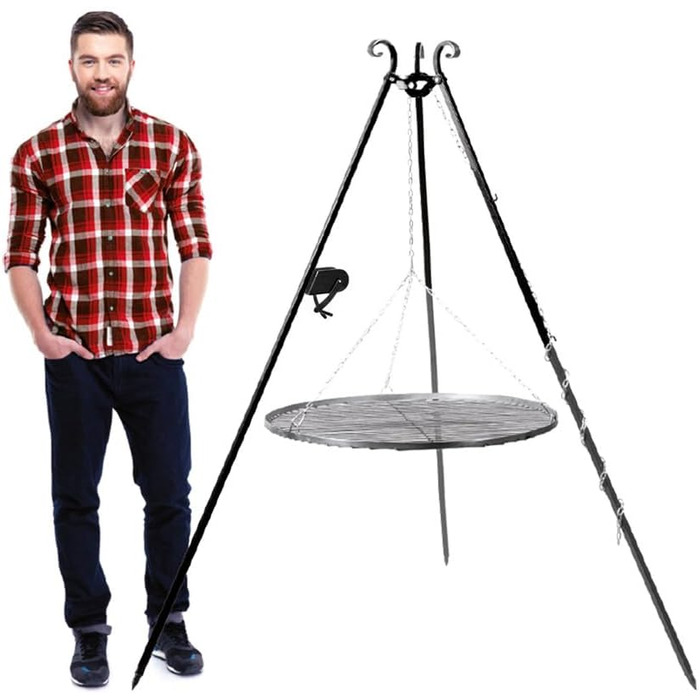 Поворотний штатив для гриля Cook King з комплектом рукоятки та ланцюга Складана сталева рама Чорний Регулювання висоти за допомогою рукоятки Для вогнища або багаття Ручна робота в Європі Висота 180 см