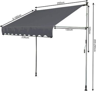 Тент QUICK STAR із затискачем 250x130 см, сірий, для балкону, сонцезахисний навіс, регульована висота від 200 до 290 см, для балкону без свердління