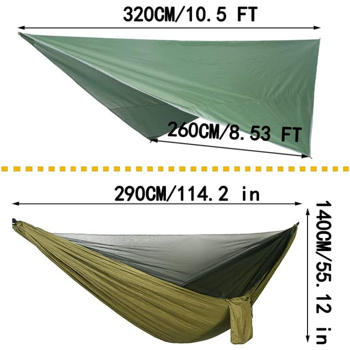 Комплект гамаків для кемпінгу, одинарні та подвійні гамаки, москітна сітка, сітка від комах, дощовик, підвісне ліжко з високоміцної парашутної тканини. Підходить для активного відпочинку, походів, кемпінгу та подорожей (військово-зелений).