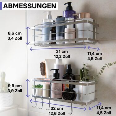 Душова полиця з нержавіючої сталі без свердління - Комплект 2 - Полиця з нержавіючої сталі самоклеюча для ванної кімнати з гачком