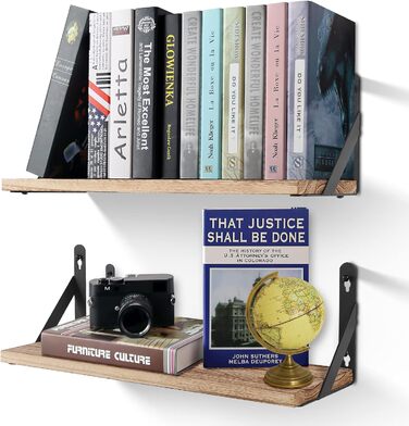 Настінна дерев&39яна полиця Uten Rustic, плаваюча полиця 42 см, комплект з 2 предметів з металевим дротом для вітальні, спальні, кухонної полиці, кольору дерева, вінтажний світло-коричневий B - колір дерева