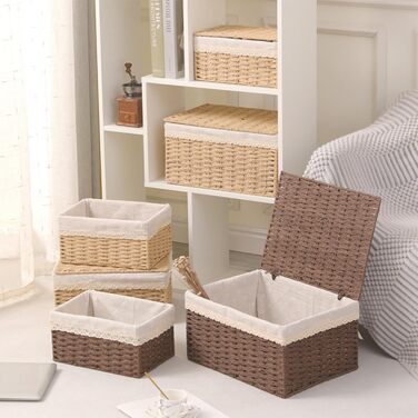 Набір кошиків для зберігання з 3 шт. з кришками Плетені кошики з паперової мотузки з бавовняною підкладкою, коробка в стилі бохо для іграшок, ванна кімната, вітальня Натуральний колір та штабелюються (бежевий)