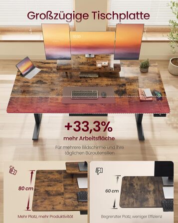 Письмовий стіл з регульованою висотою, 140 x 70 см, гнучка підставка для монітора, шухляда, порт USB-C, нагадування про тривале сидіння, для офісу, вінтажний коричневий LSD154KD01 140 x 70 см вінтажний коричневий