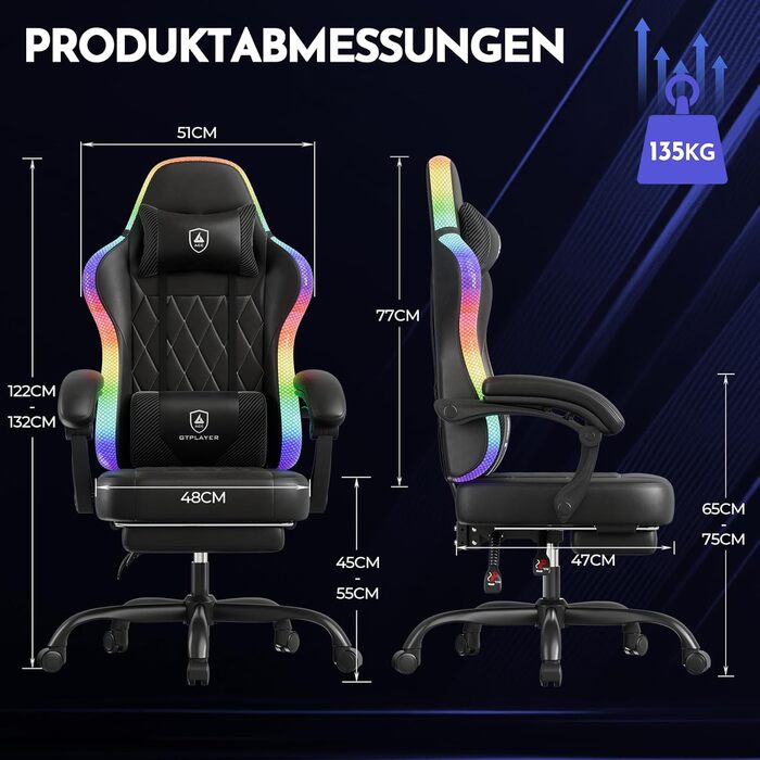 Ігрове крісло GTPLAYER, офісне крісло, ігрове крісло зі світлодіодною стрічкою, геймерське крісло, спинка з кишенею для зберігання, ергономічне комп&39ютерне крісло з пультом дистанційного керування