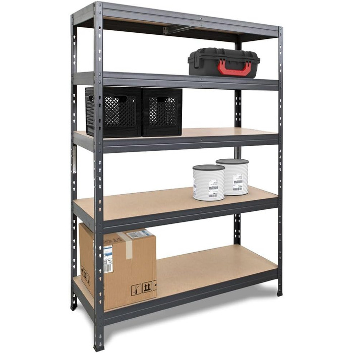 Міцний стелаж Rivet з панелями HDF, що підлягають фарбуванню, 180x120x45 см (ВxШxГ), 5 полиць вантажопідйомністю 250 кг кожна, антрацитово-сірий, практична система кріплення, екологічно чистий та придатний для переробки
