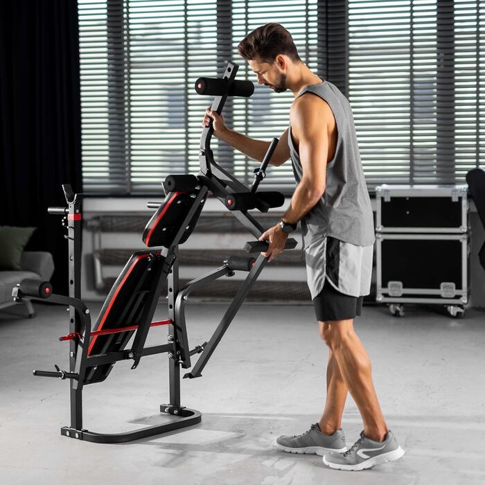 Силова лава Hop-Sport, багатофункціональна складна тренувальна лава зі стійкою для штанги, вежею для тяги лати, накладкою для гантелей &quotметелик&quot та згинання рук, для силових тренувань вдома, максимальне навантаження лави 250 кг