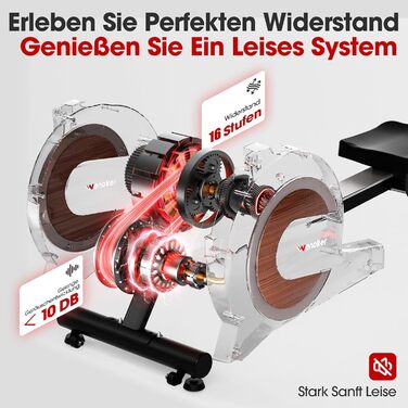 Гребний тренажер Wenoker, магнітний гребний тренажер для домашнього використання, покращений, тихий опір з 16 рівнями та інтелектуальною електронною поворотною ручкою, максимальна вага користувача 160 кг, підключення до додатку, чорний