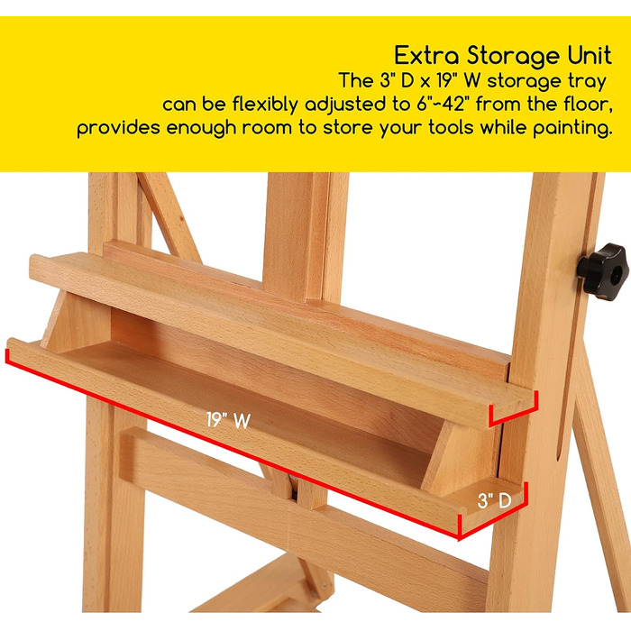 Мольберт для живопису MEEDEN, велика H-подібна рама з мольбертного дерева з відсіком для зберігання, мольберт для живопису студійного художника, масив бука, регульований виставковий підлоговий мольберт, вміщує полотно до 124 см (натуральний)