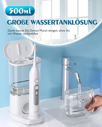 Електрична зубна щітка та іригатор порожнини рота AGPTEK, 5 режимів, акумуляторний очищувач зубів та іригатор для порожнини рота, водонепроникний засіб для чищення зубів, ясен та брекетів IPX7, великий резервуар для води 500 мл, білий