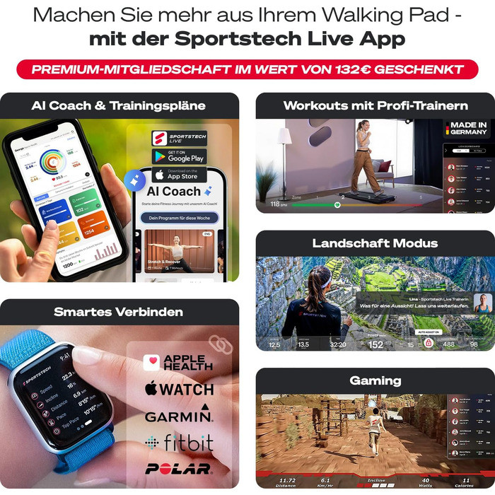 Килимок для ходьби Sportstech - Бігова доріжка для домашнього використання з нахилом до 9 1-6 км/год, включаючи підписку на додаток Домашній офіс, крокомір, легкий та компактний, транспортні колеса WalkMate до 120 кг Walkmate Black