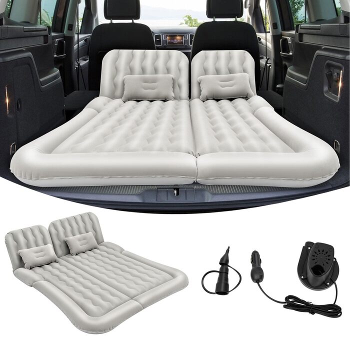 Надувний матрац для позашляховика, автомобільний надувний матрац з повітряним насосом та 2 подушками, портативний двосторонній товстіший автомобільний матрац для кемпінгу, подорожей, активного відпочинку на природі (сірий)
