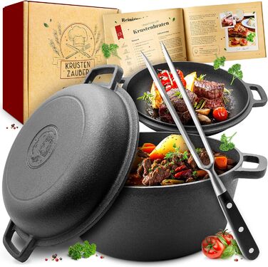 Чавунний горщик KRUSTENZAUBER включаючи виделку для м'яса - Міцна чавунна каструля 26 см з кришкою, підходить для духовки - ідеаль