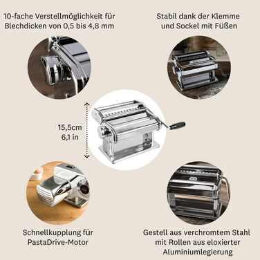 Макаронна машина Marcato Atlas 180 з насадкою для різання, 3 формати макаронних виробів лазанья (ширина 180 мм), фетучіні (6 мм) і тальоліні (1,5 мм), виробництво Італія, срібна макаронна машина Atlas 180