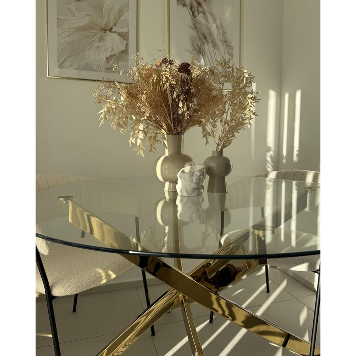 Обідній стіл Beliani, безпечне скло, прозорий, 120 см, круглий з металевим каркасом, золотий Maramo
