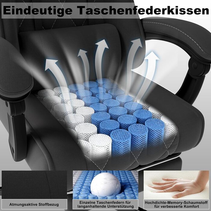 Тканинне ігрове крісло з масажною поперековою опорою, дихаюче офісне крісло ергономічне зі зручною пружинною подушкою та підставкою для ніг, ігрове крісло з підголівником та широким сидінням, темно-сірий/чорний