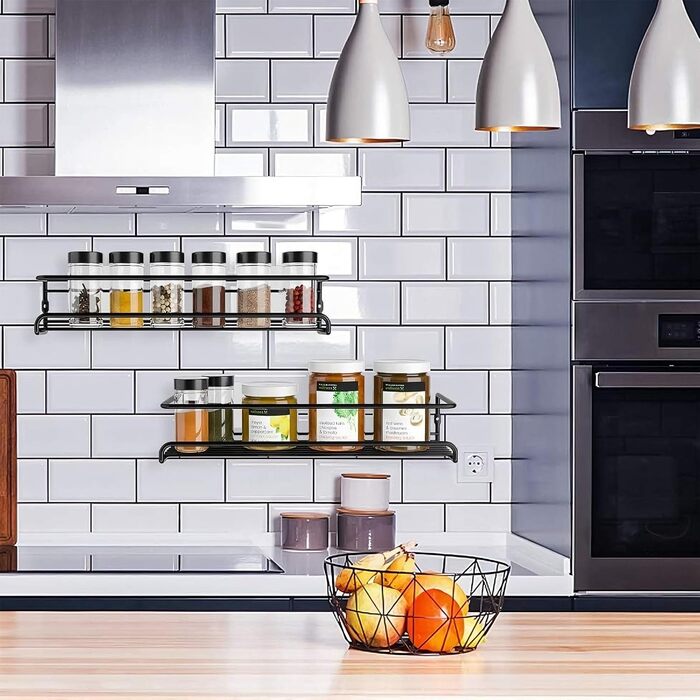 Металева підставка для спецій GEEDIAR - Підвісна кухонна полиця з 4 предметів, самоклеюча підставка для спецій (не потребує свердління) для стін, кухонних шаф, дверцят кухонних шаф, декоративних предметів, стільниць, 29 x 6,35 x 6 см, чорна