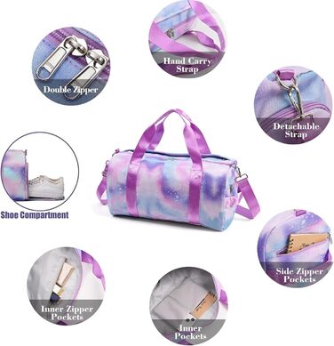Дитяча спортивна сумка, дорожня сумка з відділенням для взуття та відділенням для мокрих речей, сумка для плавання, дорожня сумка для дівчаток для гімнастики та плавання, мила барвиста сумка для танців з райдужним візерунком, спортивна сумка (фіолетова)