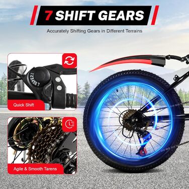 Дюймовий дитячий гірський велосипед, 7-швидкісний дитячий велосипед для хлопчиків та дівчаток з пляшкою для води, сумкою для зберігання, дзвіночком-компасом, велосипед з вуглецевої сталі, вантажопідйомність 85 кг, червоний, 20-