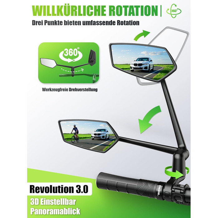 Велосипедне дзеркало RBRL Регульоване 3D для панорамного огляду Поворотне на 360 та складне Ударостійке дзеркало заднього виду з натурального скла Міцне компактне дзеркало на кермо для велосипедів та електровелосипедів (ліве)