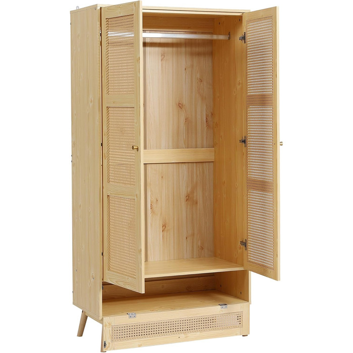 Шафа Moimhear з рейкою для вішалок, 2-дверна шафа, спальня, сітка з ротанга, вітальня, з нижньою відкидною кришкою, ДСП ПЕ ротанг, натуральний колір
