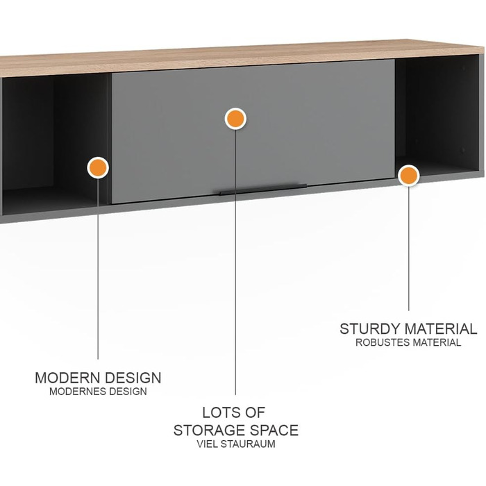Настінна полиця Vicco Betti, антрацит/сонома, 120 x 30 см, для настінного кріплення, підходить для вітальні або офісу