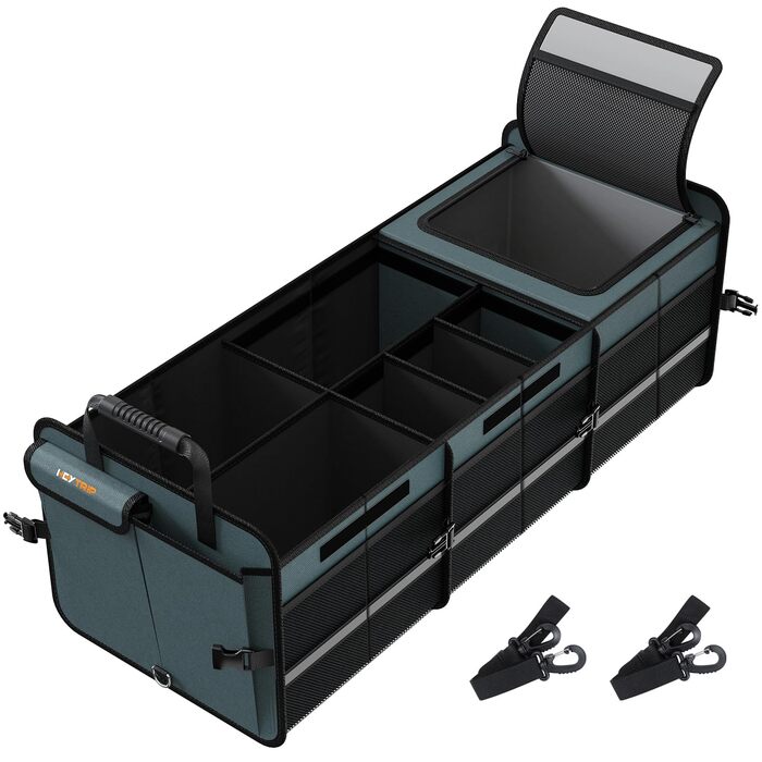 Органайзер для багажника з вбудованою герметичною сумкою-холодильником, 2 стяжними ременями, 4 знімними перегородками, складною кришкою, виготовлений з PE-пластини товщиною 2 мм, сірий