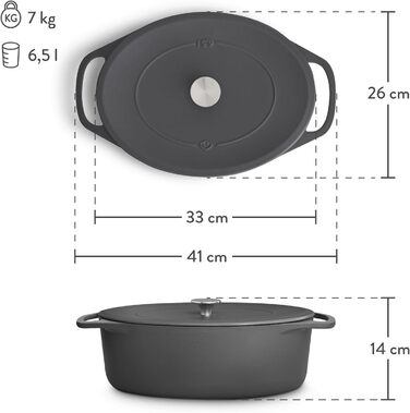 Кокотниця з кришкою, сіра, овальна, 33 см, 6,5 л, чавунна жаровня, індукційна каструля. 33 см сіра