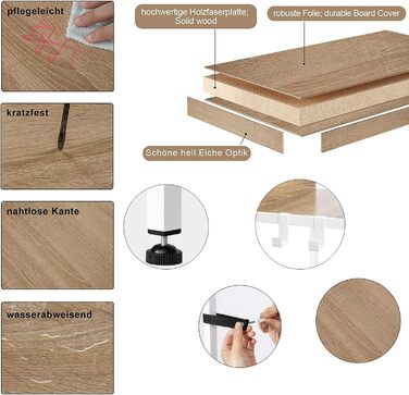 Рівнева полиця для зберігання, кухонна полиця з 4 гачками, книжкова полиця в індустріальному стилі, окремостояча полиця для вітальні/кухні, полиця з МДФ/металу, вузька полиця-драбина, білий колір, 40 x 170 x 36 см, RGB9289whe, світлий дуб білий, 5 полиць 