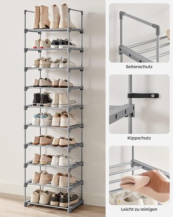 Рівнева взуттєва полиця, висока відкрита шафа для взуття, вузька підставка для взуття, металеве місце для зберігання взуття, компактне, для гардеробної, передпокою, 30 x 45 x 174 см, сірий LSA025G02 10 ярусів (45Ш см) сірий, 10-